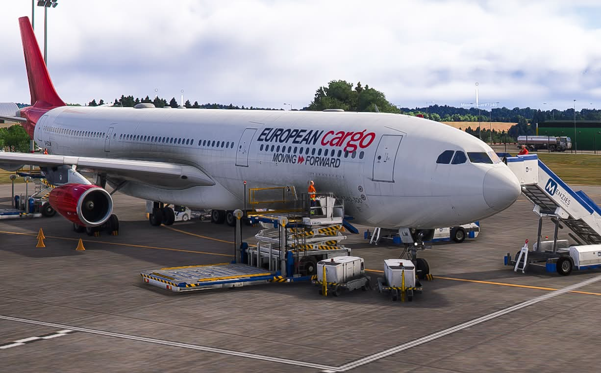 European Cargo A340 with its distinctive red engines and tail